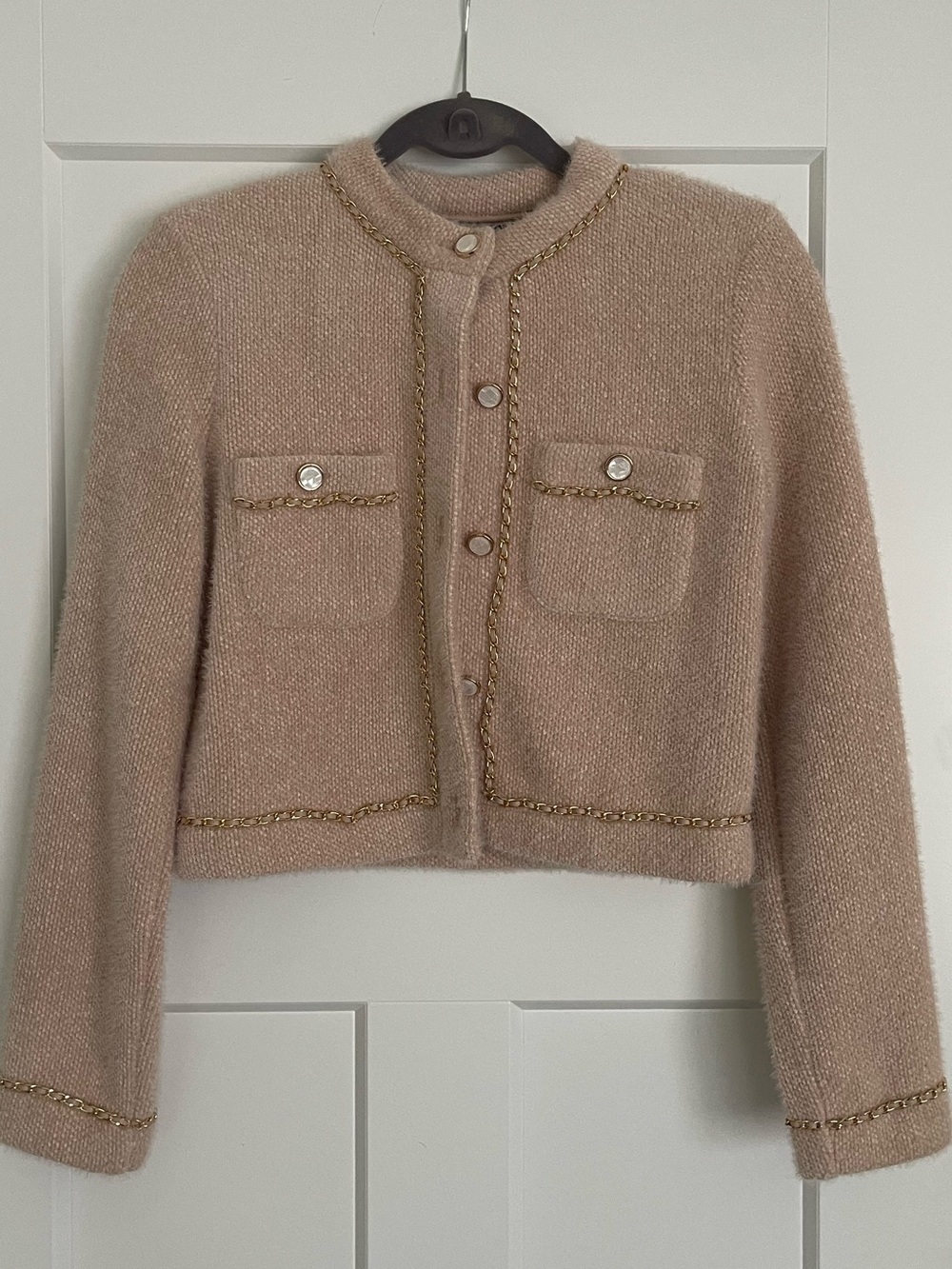 New Endless Rose Cropped Bouclé Jacket in Blush Chain Trim